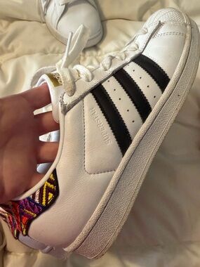 Adidas White Leather Sneakers with Black Stripes & Colorful Embroidered Heel